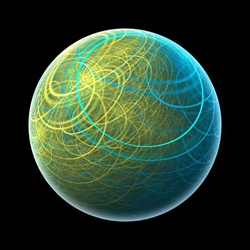 A glowing round blue and green sphere floats against a deep black sky, giving this image a mystical, meditative quality.