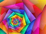 Rainbows of lively color in bright primary hues spiral into the center of this image, which features jagged, zigzag lines and triangle shapes.