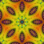 This kaleidoscopic background pattern, in brilliant yellows, oranges, and greens, was made from our Rainbow Tree fractal. The starburst shape and contrast between thick and thin lines would make it great for fabric or textile design.