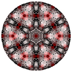 This lovely mandala in delicate jewel tones has the look of silver filigree jewelry, inset with pearls or precious gems. It was made from our Snake Tubes fractal.