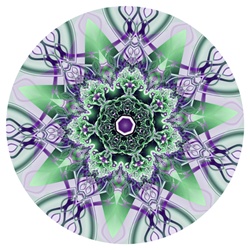 Though it's not obvious here, the fractal this mandala is made from, titled Lichens in Love, contains naturalistic themes. The soft green moss-like center, woven through with violet ribbons, make lovely complements both in form and color.
