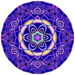 This vibrant blue and purple mandala is made from our Symphony in C# Minor fractal. It contains a delicate lacy edge effect around a strong central brass ring containing a six-pointed star.