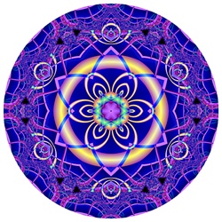 This vibrant blue and purple mandala is made from our Symphony in C# Minor fractal. It contains a delicate lacy edge effect around a strong central brass ring containing a six-pointed star.