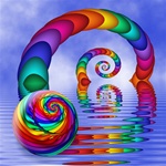 A rainbow ball hovers before a blue sky, while a rainbow striped tail loops repeatedly out of a watery foreground in this lively image.