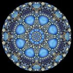 This dynamic fractal mandala with shades of blue, cyan, gold, beige, and brown is suggestive of the night sky and mysticism.