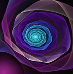 This beautiful unraveling fractal ribbon, in delicate tones of purple, blue, cyan, and magenta, resembles a rose or flower in bloom.
