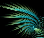 This image shimmers with iridescent tones of green and blue and is suggestive of peacock, parakeet, or parrot feathers. Its lovely wing shape evokes birds in flight.