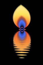 With orange, yellow, and blue fire colors, this bright flame flickers with a life of its own. On a plain black background, it is a light in the darkness.