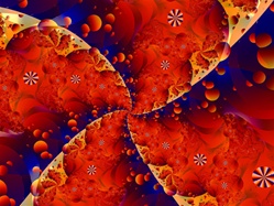 Glowing rivers of deep red lava flow from a vortex in the center of this fractal, which could suggest space and sci-fi themes, or the heat and power of volcanic earth processes. Or maybe both!