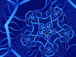 A lovely woven ribbon mandala shape, in shades of pale blue, floats against a deep blue background. A calm monochromatic design that invites meditation.