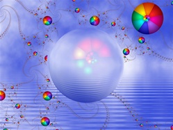 In this surreal image, a glowing sphere floats against a blue sky and rippled water, reflecting the colorful rainbow balls that swirl in the background.