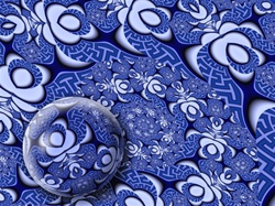 A glowing 3D sphere or marble sits before a patterned background with an asian or chinese feel.