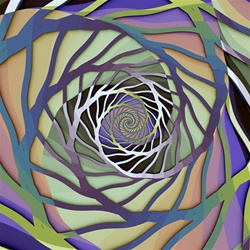 A delicate 3D stencil silhouette spirals into the center of the image, against a muted green, gold and purple, background.