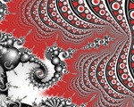 An elegant spiral of grey pearly spheres intersects with a blood red background containing wave after wave of polka dots.