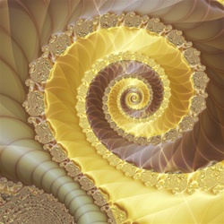 This abstract fractal image features a strong central spiral and is evocative of ribbons of white and milk chocolate.