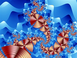 The blue wavy background gives this abstract image a strong marine feel, and the spirals of bronze shields suggest antiquity. Who else could it be but the Greek god of the sea?