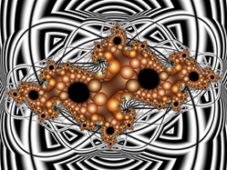 Bold black and white lines orbit a cluster of golden spheres, suggesting the frenetic activity of excited protons, electrons, and atoms.