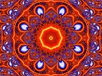 This delicate, lacy kaleidoscope, in rich blues and oranges, evokes a fiery sunset and has a moorish feel. Great subject for a jigsaw puzzle!