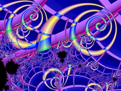 Golden spirals shaped like french horns float against a blue and magenta background, in this abstract fractal image with a musical feel.