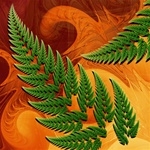 Ferns or cedar boughs appear against bark or a wood like maple or mahogany in this abstract fractal with naturalistic motifs.