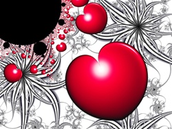 A string of brilliant red hearts parades gaily against a white background containing delicate spiderplant tendrils.  A novel way to celebrate Valentine's Day, weddings, anniversaries, of any time you need to say 