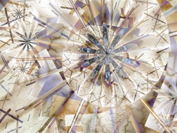 A gently rounded bezier curve contrasts with sharp, jagged starburst lines in this low-key image in neutral golds, greys, beiges, and soft purples. A great fractal for a puzzle or textiles.