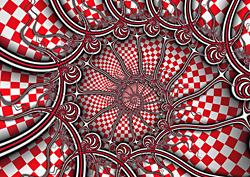 A red and white checkered tablecloth spirals into the center of this lively image, while undulating tendrils spiral out. Great puzzle material!