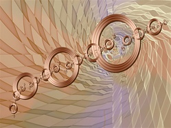 A bracelet-like string of copper rings hovers before a fractured abstract background, in sunrise tones evocative of dawn. Great for puzzle use.